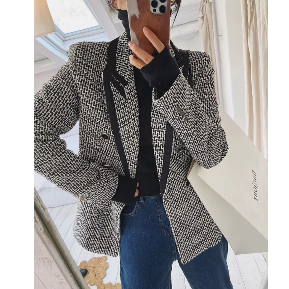 ZARA Structured Double Breasted Blazer Black White Tweed Blogger’s Favorite XL - Picture 14 of 16
